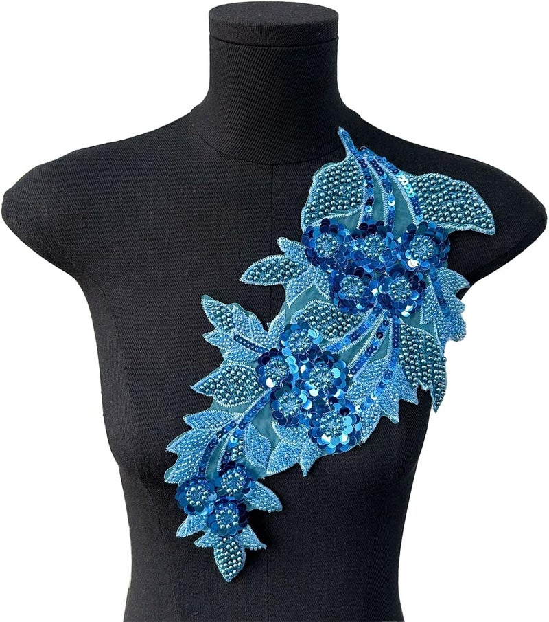 SAIXCCS 1pc Large Flower Rhinestone Applique Blue, Embroidery Sequin Patches for Clothes,Beaded Lace Applique for Wedding Bridal Dress Bodice Hat Sewing Craft for Girl Embellishment(Blue) - Image 3